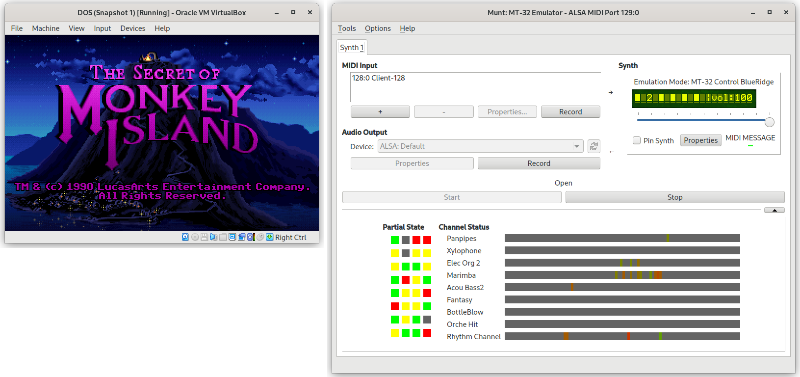 Screenshot of VirtualBox playing The Secret of Monkey Island while connected to the Munt MT-32 Emulator