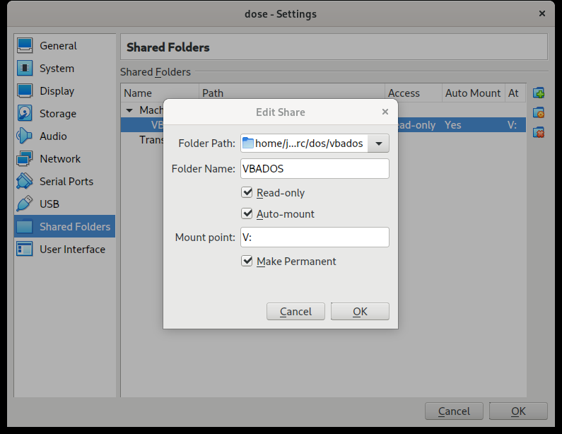 VirtualBox shared folders configuring an automount folder at V: