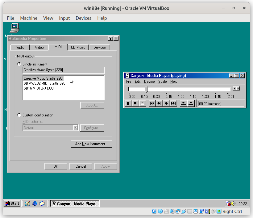 Screenshot of Windows 98 playing CANYON.MID while showing all the 3 devices available for MIDI output